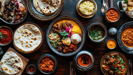 Top view of an intricately designed South Asian restaurant table, no people, with ample copy space.の素材