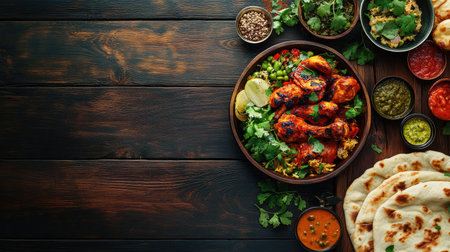 Top view of an Indian feast featuring tandoori chicken, naan, and curries, with ample room for copy space.の素材