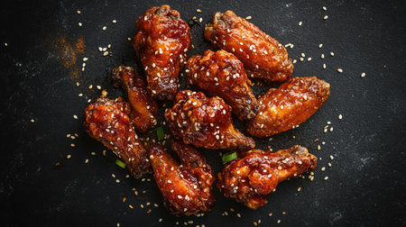 Top view of Korean fried chicken wings with sesame seeds, leaving room for copy text.の素材