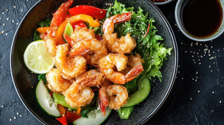 Top view of crispy tempura shrimp and vegetables on a plate, leaving plenty of copy space.の素材