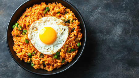 Top view of Korean kimchi fried rice with egg, leaving space for copy text.の素材