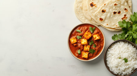 Top view of North Indian meal set with paneer butter masala, roti, and rice, with space for copy.の素材