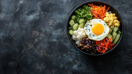 Top view of Korean bibimbap with egg, vegetables, and rice, leaving space for copy text.の素材