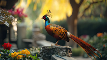 A golden pheasant strutting through a Chinese garden, with ample space for copy text.の素材