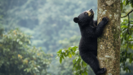A Formosan black bear climbing a tree in Taiwan, with ample space for copy text.の素材