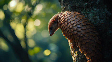 A Chinese pangolin climbing a tree in a forest, leaving room for copy space above.の素材