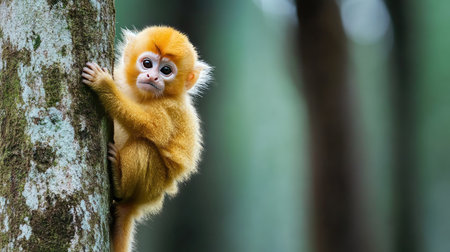 A Chinese golden monkey climbing a tree, with ample copy space in the forest backdrop.の素材