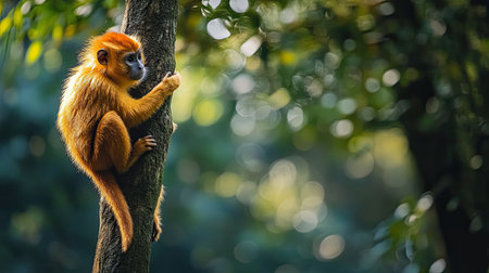 A Chinese golden monkey climbing a tree, with ample copy space in the forest backdrop.の素材