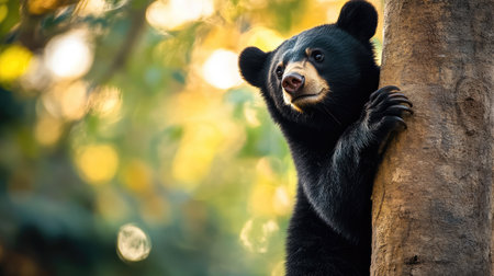 A Manchurian black bear climbing a tree, leaving room for copy space in the background.の素材