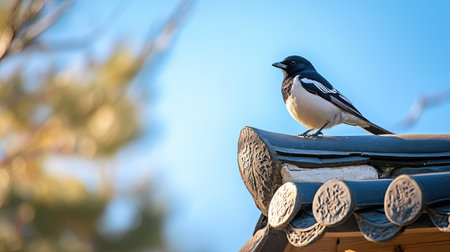 A Korean magpie perched on a traditional roof, leaving space for copy text in the sky.の素材