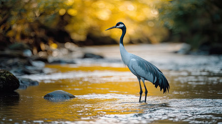 A Japanese crane wading in a shallow river, leaving room for copy space in the water.の素材