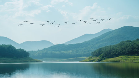 A flock of swans flying over a Korean lake, leaving room for copy text in the sky.の素材