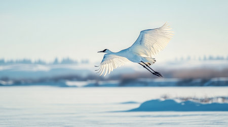 A Siberian crane flying over a frozen lake, with ample copy space in the sky.の素材