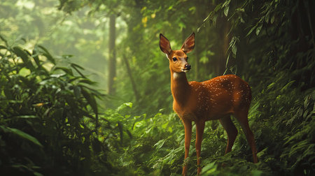 A Korean water deer standing in a lush forest, leaving ample copy space above.の素材