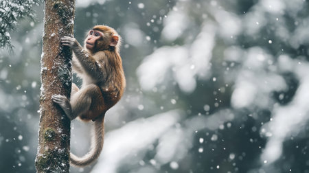 A Japanese macaque climbing a snowy tree, leaving ample copy space in the forest backdrop.の素材