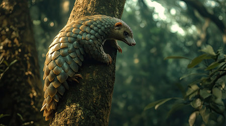 A Chinese pangolin climbing a tree in a forest, leaving room for copy space above.の素材