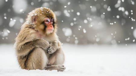 A Japanese macaque sitting in the snow, with room for copy space in the sky.の素材