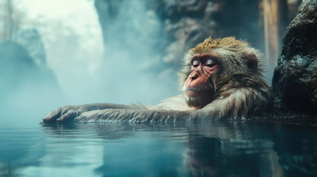 A Japanese macaque lounging in the hot spring, with ample copy space in the surrounding mist.の素材