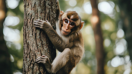 A Japanese macaque climbing a tree in a forest, with room for copy space in the sky.の素材