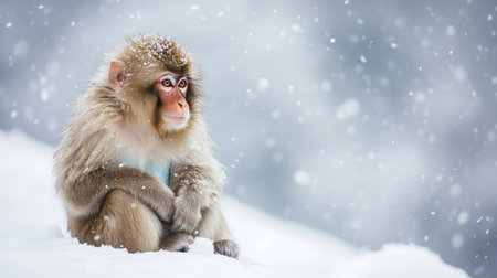 A Japanese macaque sitting in the snow, with room for copy space in the sky.の素材