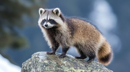 A Japanese raccoon dog standing on a rock, leaving space for copy text in the sky.の素材