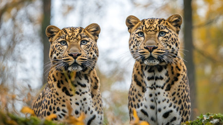 A pair of Amur leopards in a forest, with ample room for copy space in the sky.の素材