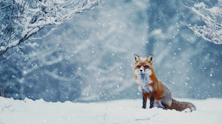 A Japanese red fox in a snow-covered forest, leaving room for copy space in the sky.の素材