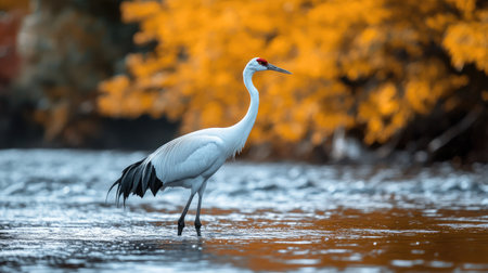 A Japanese crane wading in a shallow river, leaving room for copy space in the water.の素材