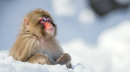 A Japanese macaque sitting in the snow, with room for copy space in the sky.の素材