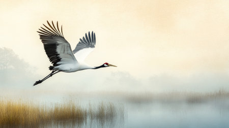 A red-crowned crane taking flight over a wetland, leaving room for copy space in the sky.の素材