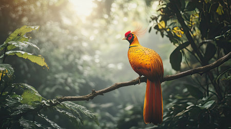A golden pheasant perched on a branch in a forest, with ample space for copy text.の素材