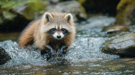 A Japanese raccoon dog playing in a stream, leaving room for copy text in the water.の素材