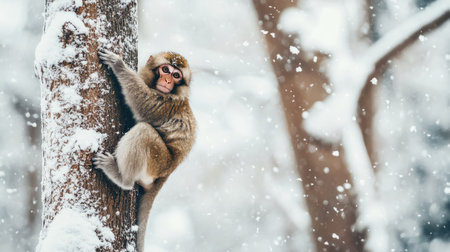 A Japanese macaque climbing a snowy tree, leaving ample copy space in the forest backdrop.の素材