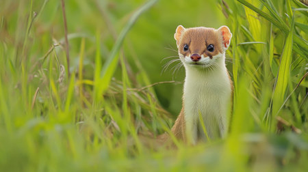 A Japanese weasel darting through tall grass, leaving room for copy space in the landscape.の素材