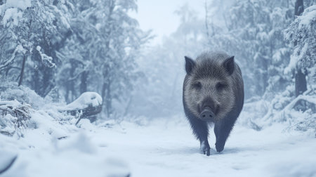 A wild boar walking through a snowy Japanese forest, leaving room for copy space in the skyの素材
