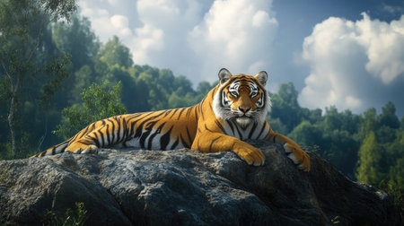 A Siberian tiger resting on a rock in the forest, with space for copy text in the skyの素材