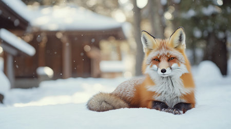 A red fox resting in a snowy Japanese landscape, leaving room for copy space.の素材