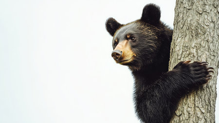 A Manchurian black bear climbing a tree, leaving room for copy space in the background.の素材