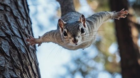 A Japanese flying squirrel gliding between trees, with ample copy space in the sky.の素材