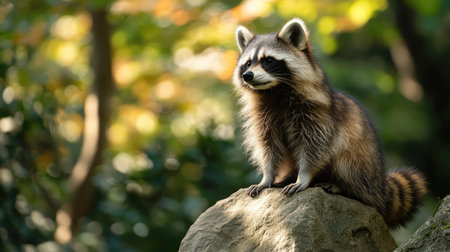 A raccoon dog sitting on a rock in a Japanese forest, with space for copy text above.の素材