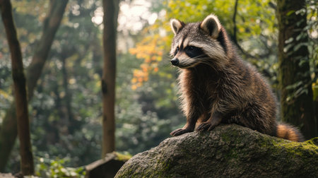A raccoon dog sitting on a rock in a Japanese forest, with space for copy text above.の素材