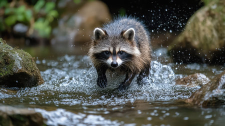 A Japanese raccoon dog playing in a stream, leaving room for copy text in the water.の素材