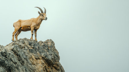 A Siberian ibex standing on a rocky cliff, with ample space for copy text in the sky.の素材