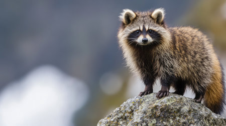 A Japanese raccoon dog standing on a rock, leaving space for copy text in the sky.の素材