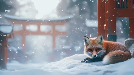 A red fox resting in a snowy Japanese landscape, leaving room for copy space.の素材