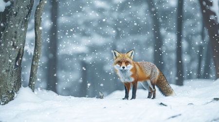 A Japanese red fox in a snow-covered forest, leaving room for copy space in the sky.の素材