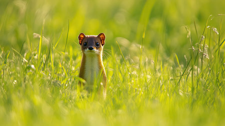 A Japanese weasel darting through tall grass, leaving room for copy space in the landscape.の素材