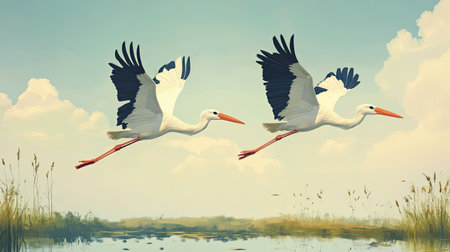 A pair of white storks flying over a Korean wetland, with room for copy text in the sky.の素材
