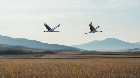 A pair of wild cranes flying over a Korean rice paddy, leaving room for copy space in the sky.の素材