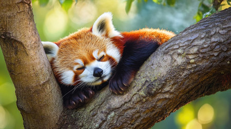 A red panda sleeping in a tree, with ample room for copy space in the branches above.の素材